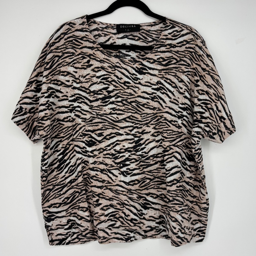 Decjuba Womens Medium Pullover Blouse Top 100% Linen Black Tan Zebra Animal